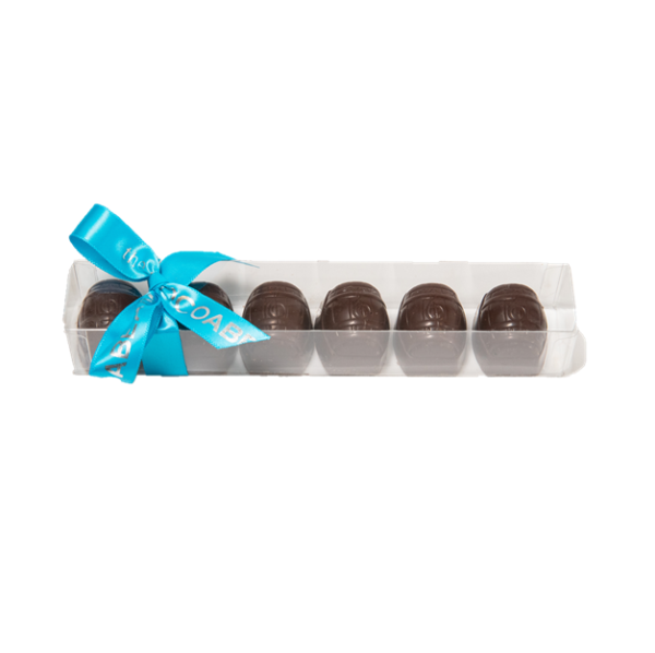 cellphane box with dark chocolate barrels and blue ribbon