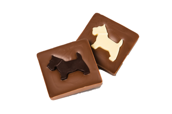 milk chocolate slab with white and dark chocolate scottie dogs