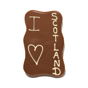 wavy milk chocolate slab with white chocolate message I heart scotland