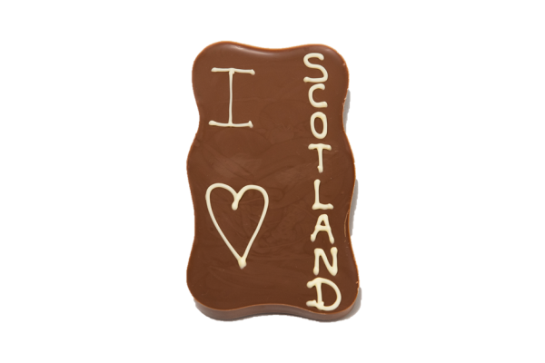 wavy milk chocolate slab with white chocolate message I heart scotland