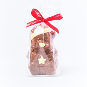 milk chocolate bear in bag with ribbon