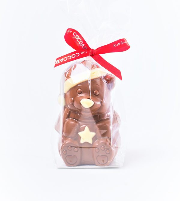 milk chocolate bear in bag with ribbon