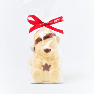 milk chocolate bear in bag with ribbon