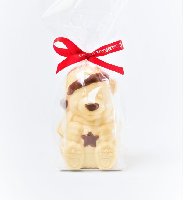 milk chocolate bear in bag with ribbon