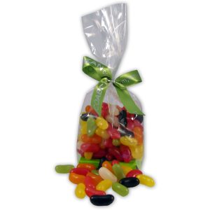 colourful jelly beans in a cello bag and ribbon