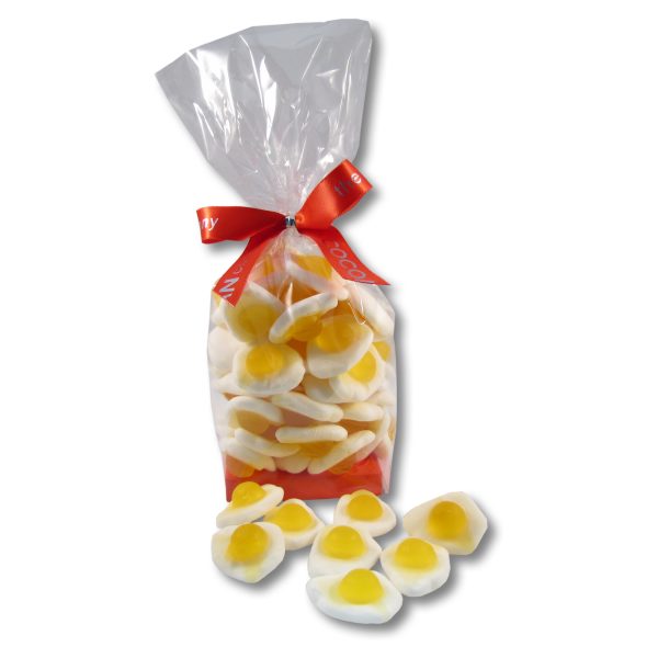fried egg jellies in a cello bag with ribbon
