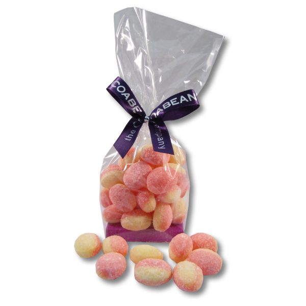rhubarb & custard sweets in cello bag with ribbon