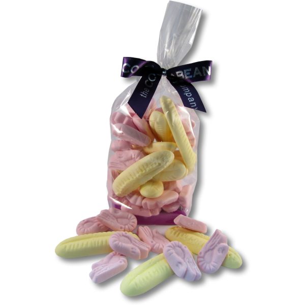 shrimp and banana sweets in cello bag with ribbon