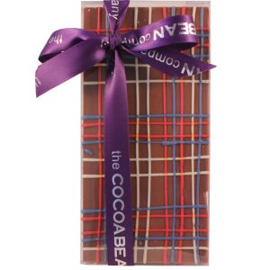 milk chocolate bar with coloured tartan pattern and ribbon
