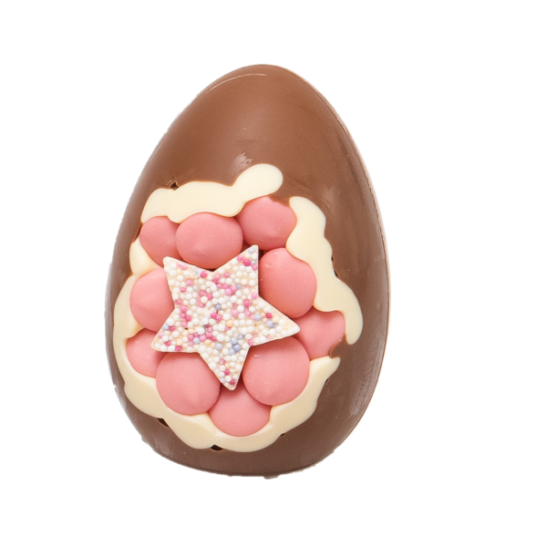 milk chocolate egg with strawberry buttona nd star inclusion cocoabean