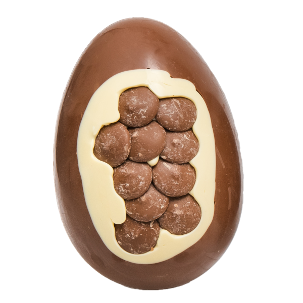 milk chocolate egg with MILK BUTTON Inclusion cocoabean
