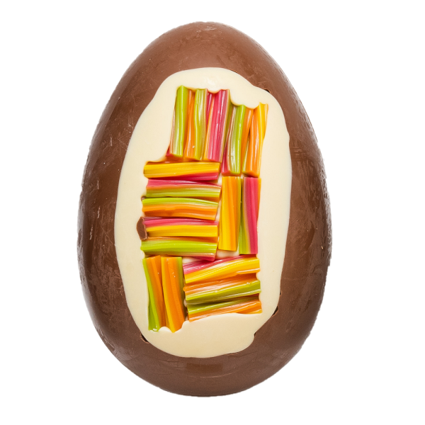 milk chocolate egg with rainbow twist inclusion cocoabean