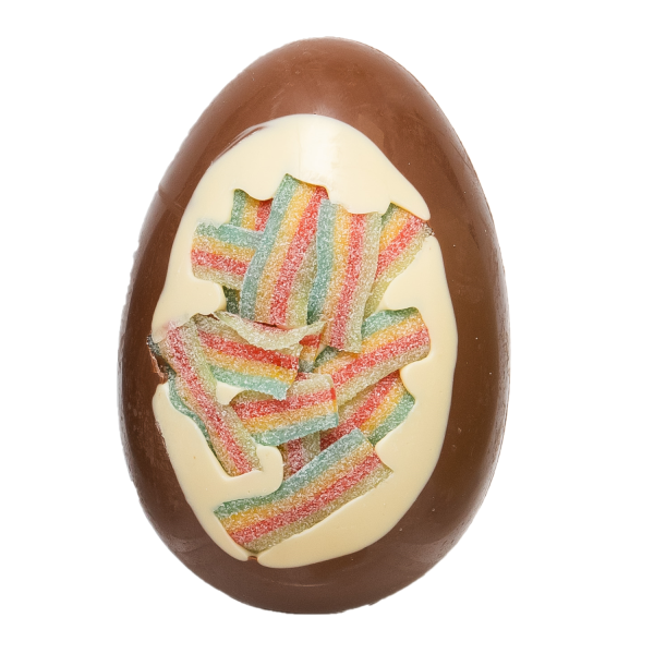 milk chocolate egg with rainbow belt inclusion cocoabean