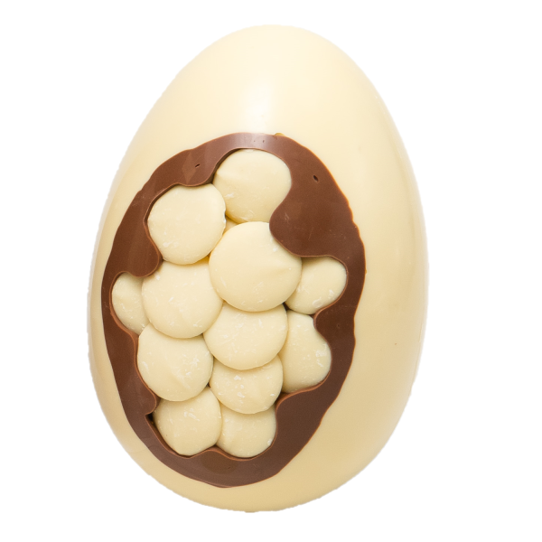 milk chocolate egg with white BUTTON Inclusion cocoabean