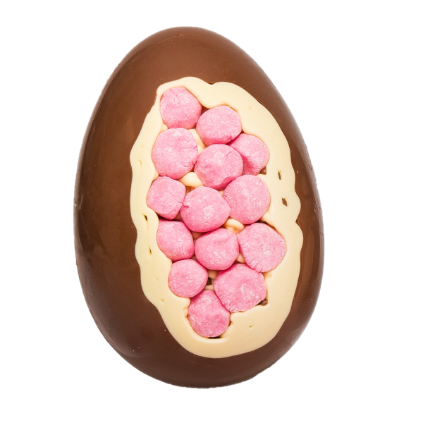 milk chocolate egg with pink bon bon inclusion cocoabean