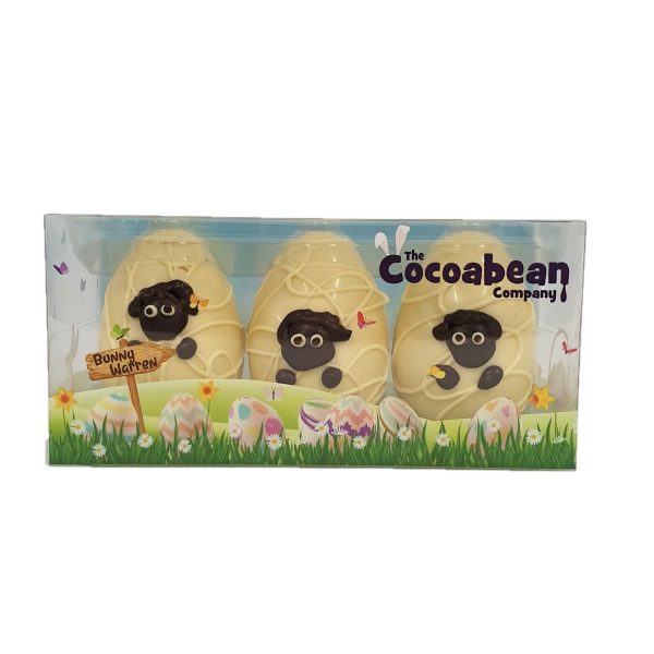 trio of white chocolate sheep easter eggs cocoabean