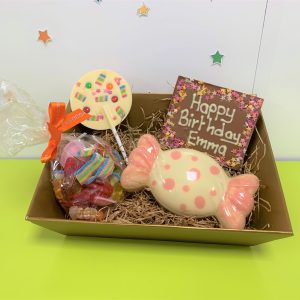 kids chocolate celebration hamper with sweet shape