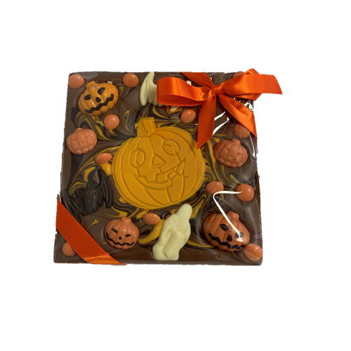chunky chocolate slab with pumpkin decoration