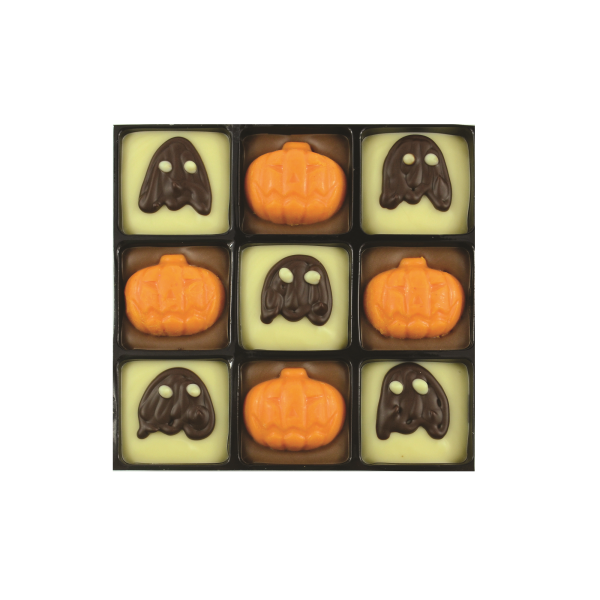 9 chocolates with ghost and pumpkin decorations