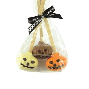 three chocolate pumpkin spoon stirrers for hot chocolate