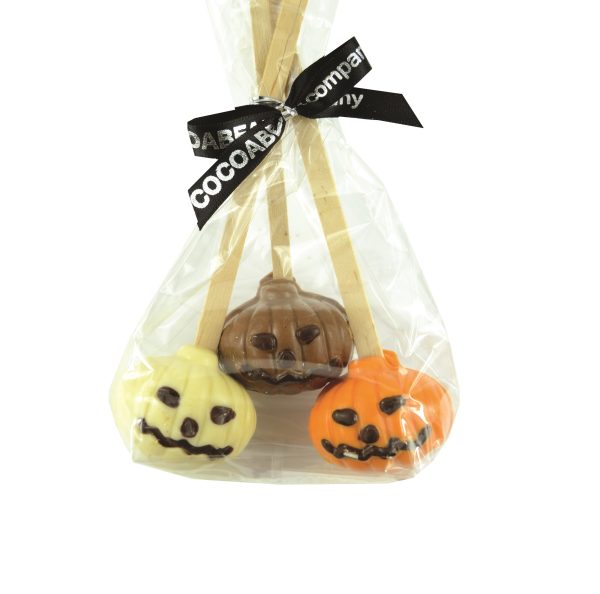 three chocolate pumpkin spoon stirrers for hot chocolate