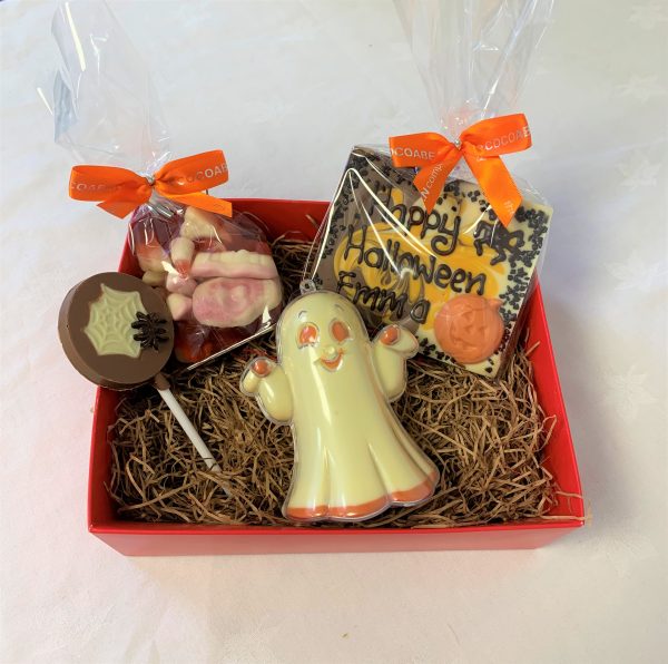 chocolate halloween hamper with ghost, lollipop, sweets and personalised chocolate bar
