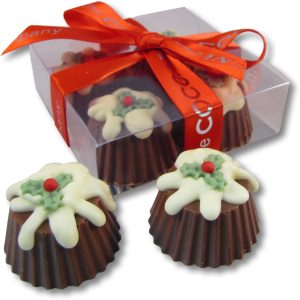 chocolate christmas puddings in gift box