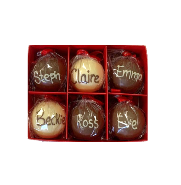 christmas baubles set of 6 chocolate personalised