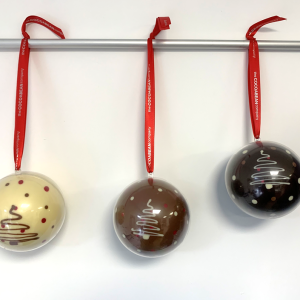 GIant Chocolate Hanging Baubles with red ribbon