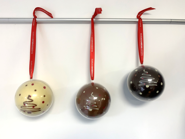 GIant Chocolate Hanging Baubles with red ribbon