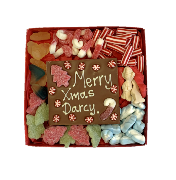 xmas sweets in a red box with personalised chocolate bar