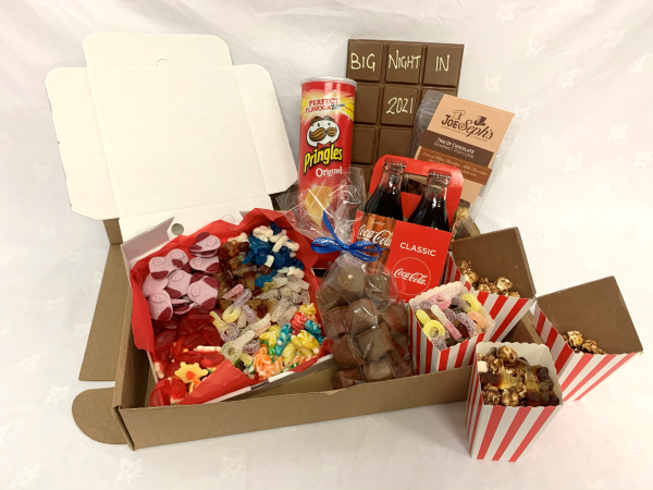 family sized big night in treat box - cola, chocolate, popcorn, sweets