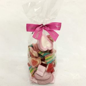 Bag of mixed valentines themed sweets with cocoabean ribbon
