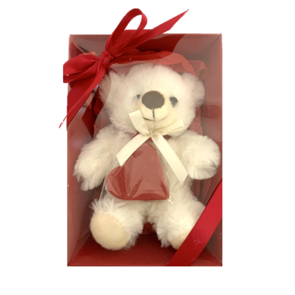 WHITE teddy inside a red box with red heart chocolate