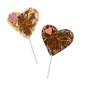 two heart shaped chocolate lollipops in milk and white chocolate and I love you message