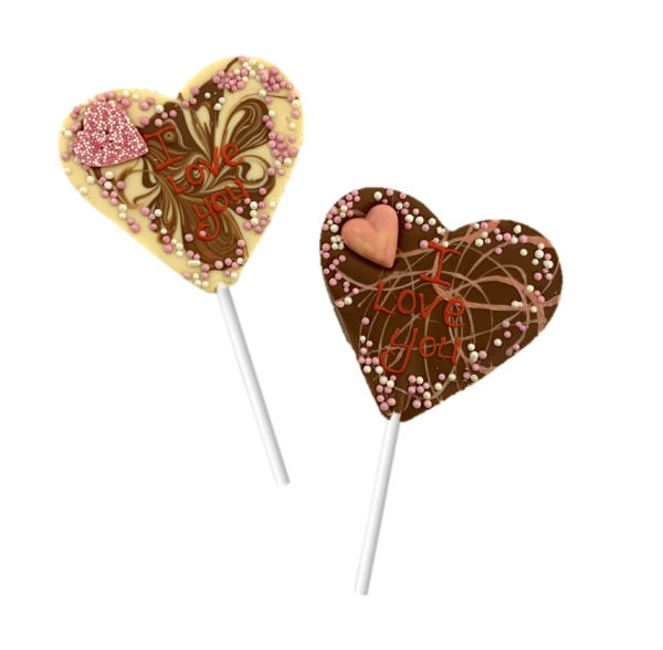 two heart shaped chocolate lollipops in milk and white chocolate and I love you message