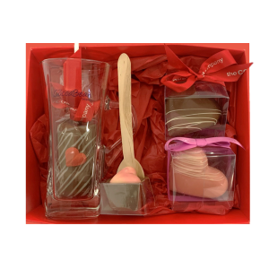 COCOABEAN GLASS, HOT CHOCOLATE GIFT SET WITH CHOCOLATE MARSHMALLOW DIPPING STICK, SPOON STIRRER AND TWO HOT CHOCOLATE BOMBS