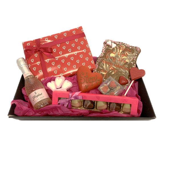 luxury valentine's gift hamper with chocolate, and prosecco