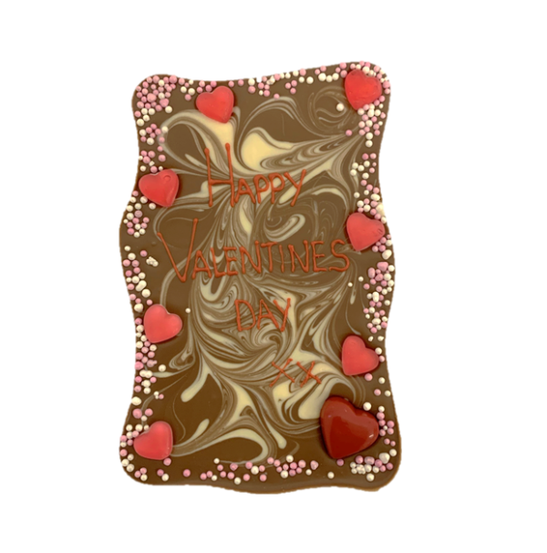 wavy chocolate slab with valentines decoration and message
