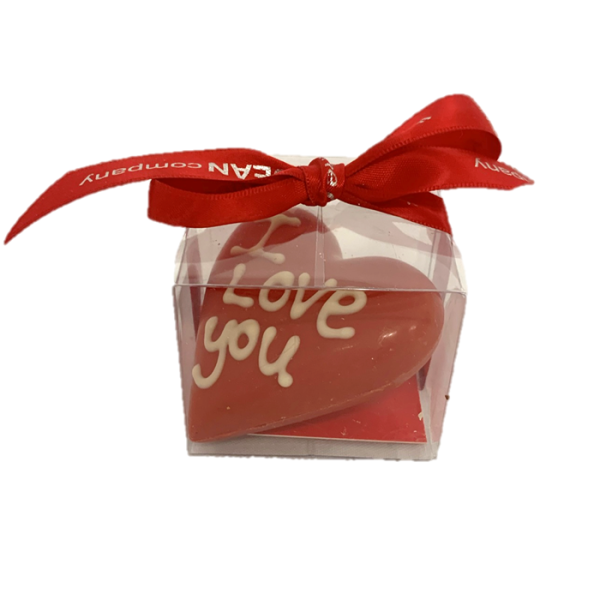 single red heart made from chocolate inside a gift box with red ribbon