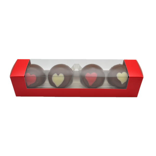 four pack of heart hot chocolate bombs in red gift box cocoabean