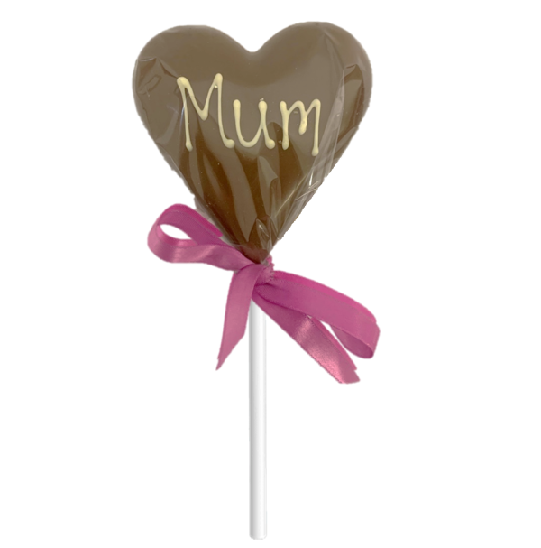 chocolate heart lollipop with mum message and pink ribbon