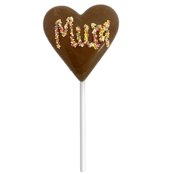 chocolate heart lollipop with mum in sprinkles