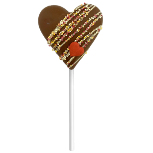 heart shaped chocolate lollipop with sprinkles and heart design