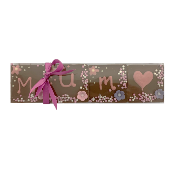 set of chocolate tiles with "mum" hand piped and decoration
