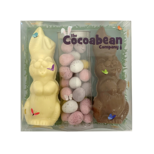 white chocolate bunny, mini eggs sweet tube, milk chocolate bunny in gift box
