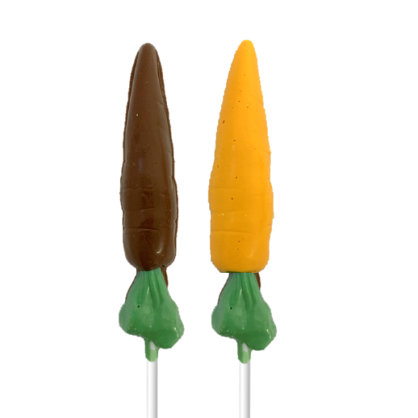 orange chocolate carrot lollipop and milk chocolate carrot shaped lollipop