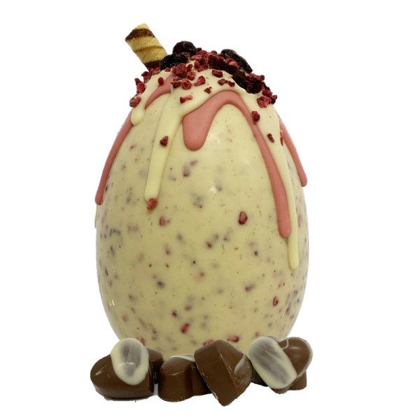 berry burst drippy egg with strawberry cream chocolates and berry pieces