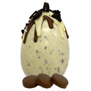 oreo drippy chocolate easter egg with chocolate dipped oreo biscuits and oreo decoration