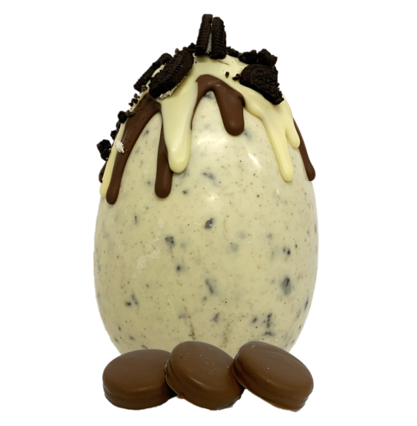 oreo drippy chocolate easter egg with chocolate dipped oreo biscuits and oreo decoration